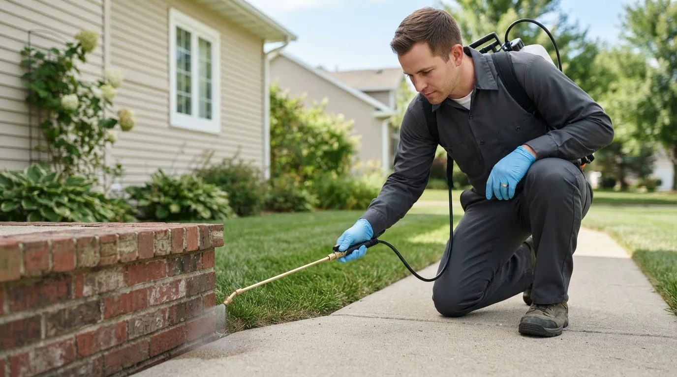 Pest control technician treating a home near Woodford, VA
